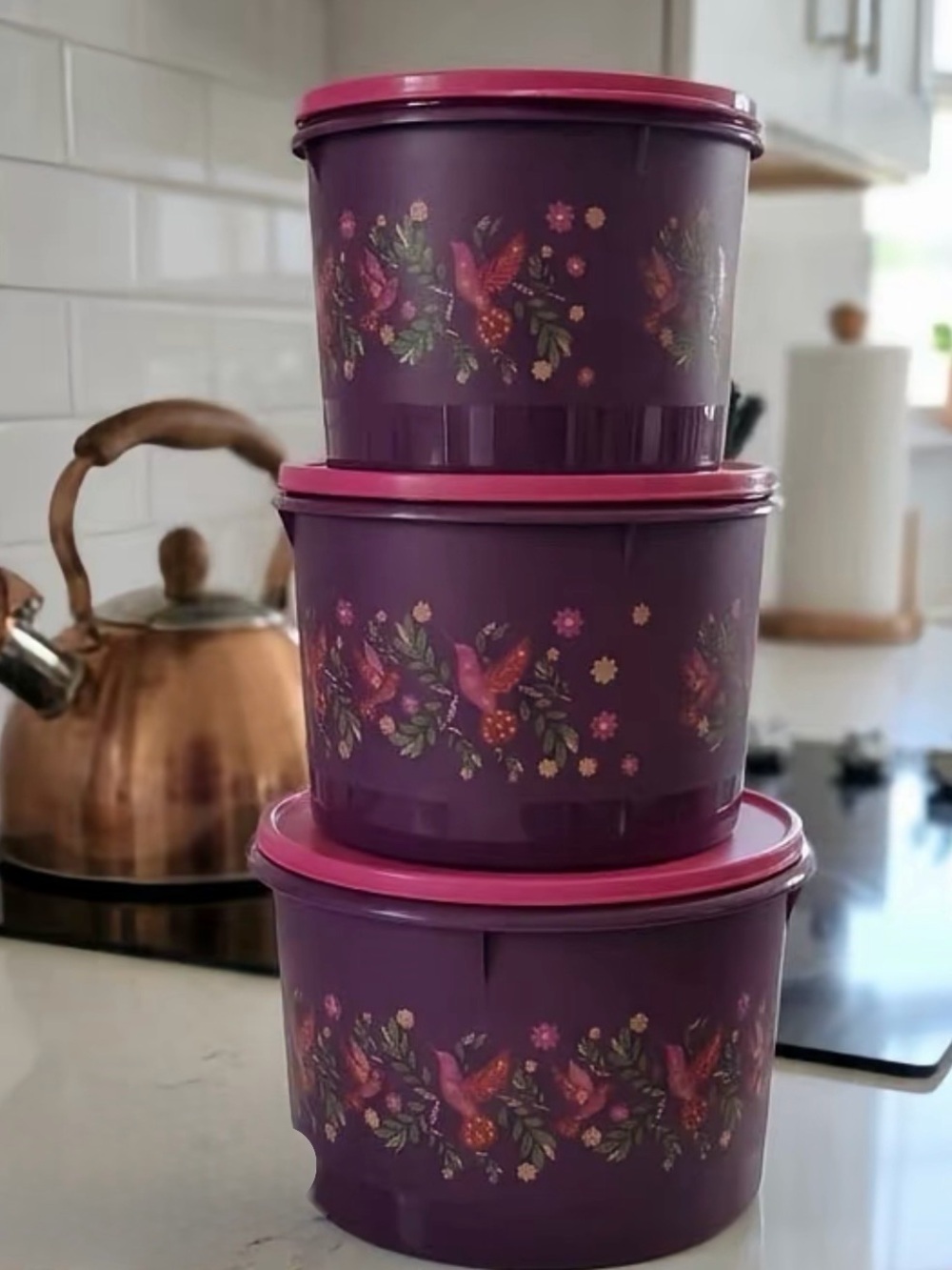 Tupperware Purple Floral Nesting Storage Containers with Pink Lids